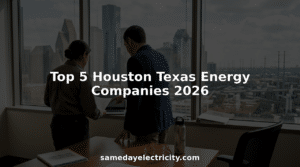 Houston energy professionals in skyline office