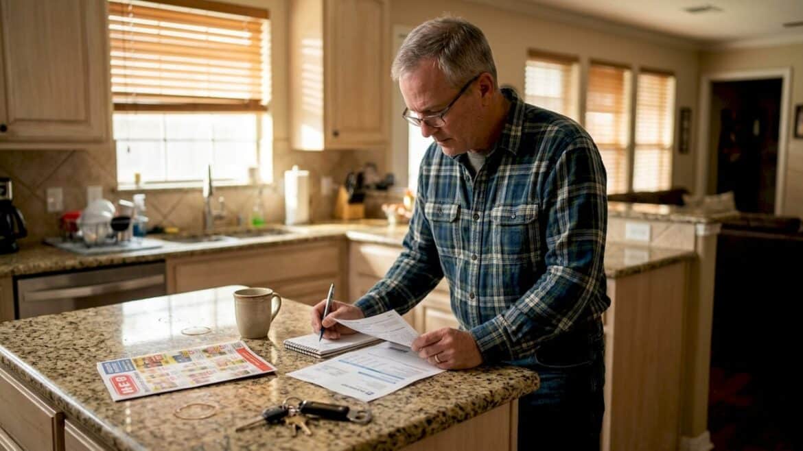Man reviews electricity bill at kitchen island