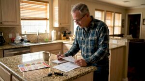 Man reviews electricity bill at kitchen island