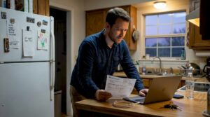 Man reviews Texas energy bill in kitchen