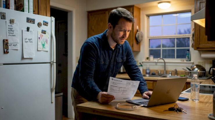Man reviews Texas energy bill in kitchen