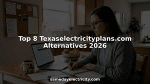 Woman comparing electricity plans at home table