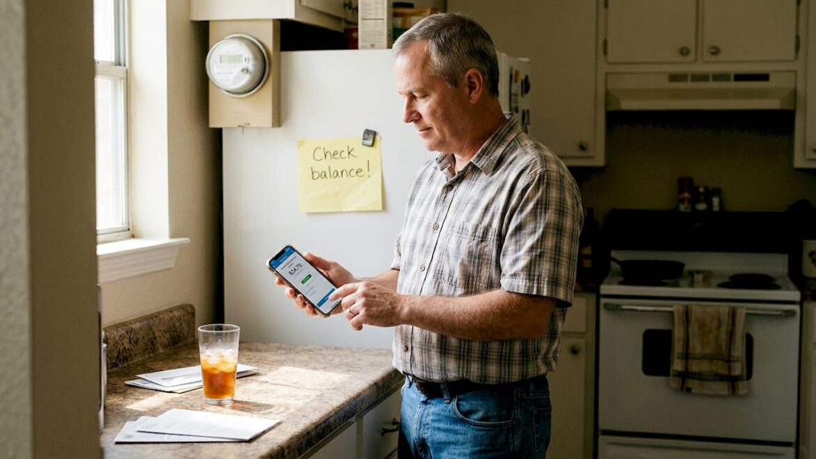 Man checking electricity balance by smart meter