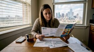 Woman comparing Texas electricity bills in kitchen