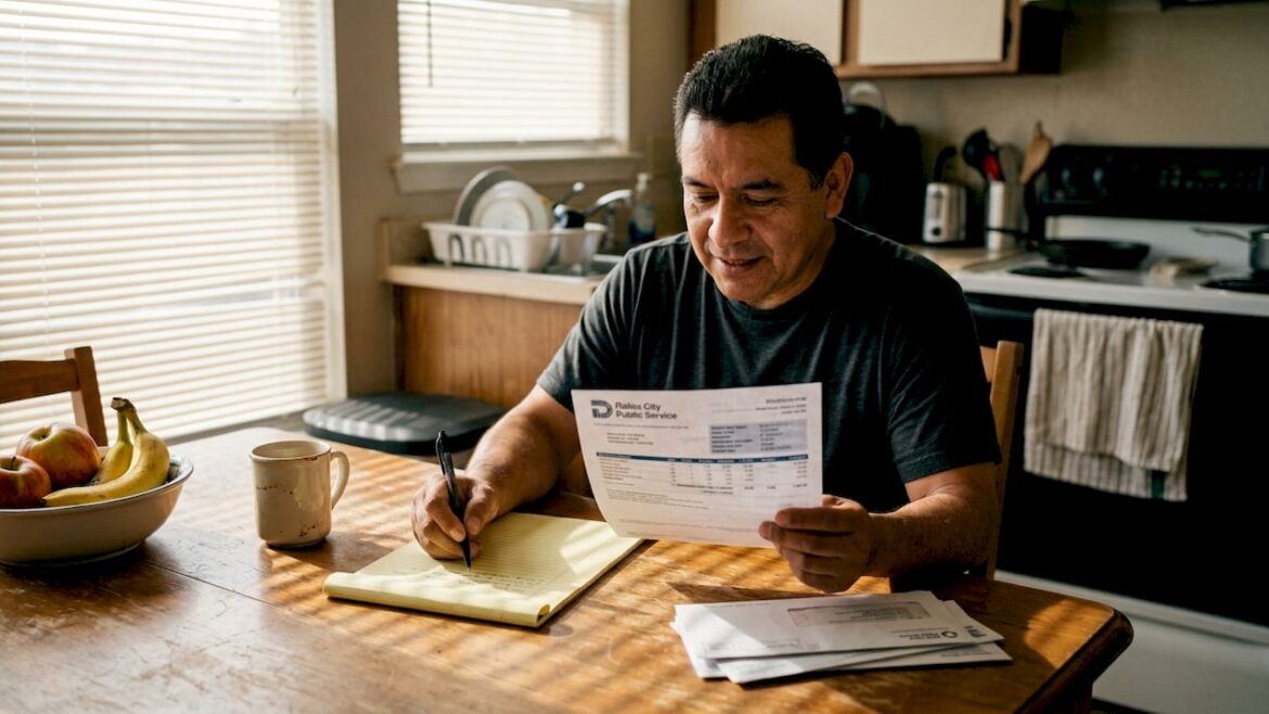Man reviewing electricity bill at kitchen table