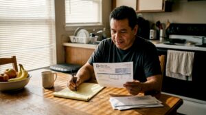 Man reviewing electricity bill at kitchen table