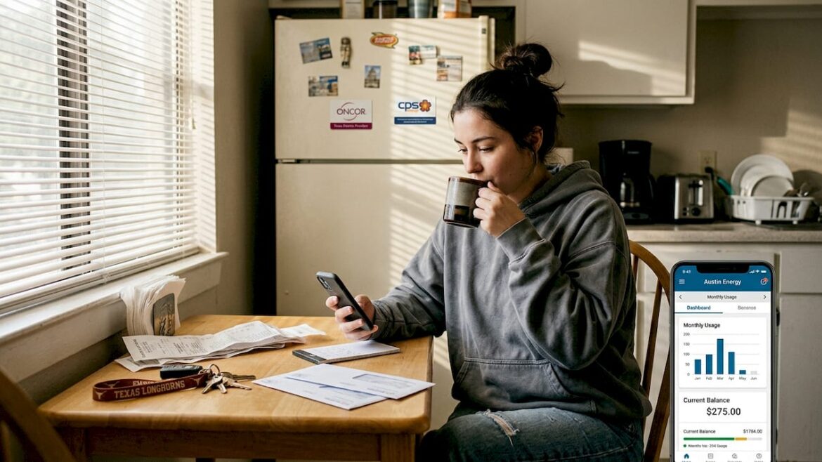 Texas resident checks electricity account in kitchen