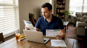 Man comparing Texas electricity plans at kitchen table