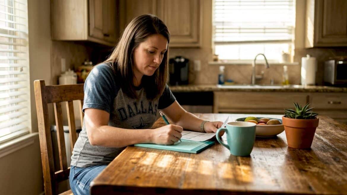 Woman reviews electricity bill at kitchen table