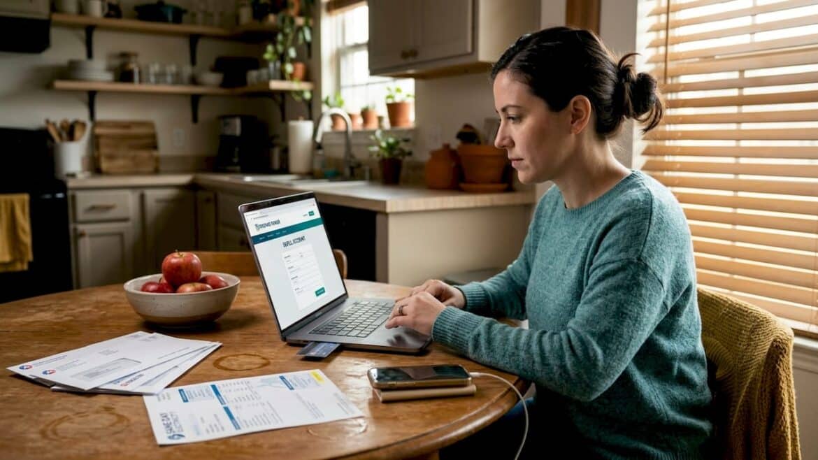 Woman refilling electricity balance at kitchen table