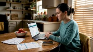 Woman refilling electricity balance at kitchen table