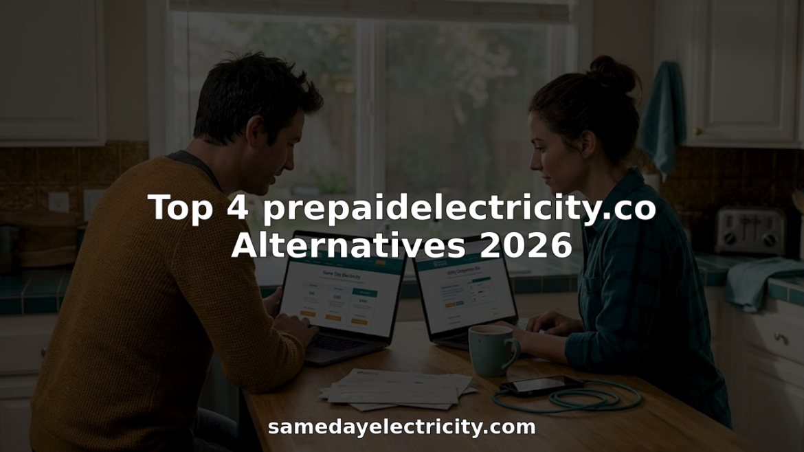 Couple compares prepaid electricity providers in home kitchen