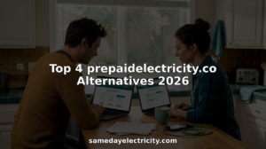 Couple compares prepaid electricity providers in home kitchen