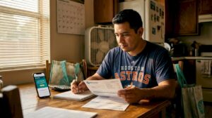 Man reviewing electricity bill at home table