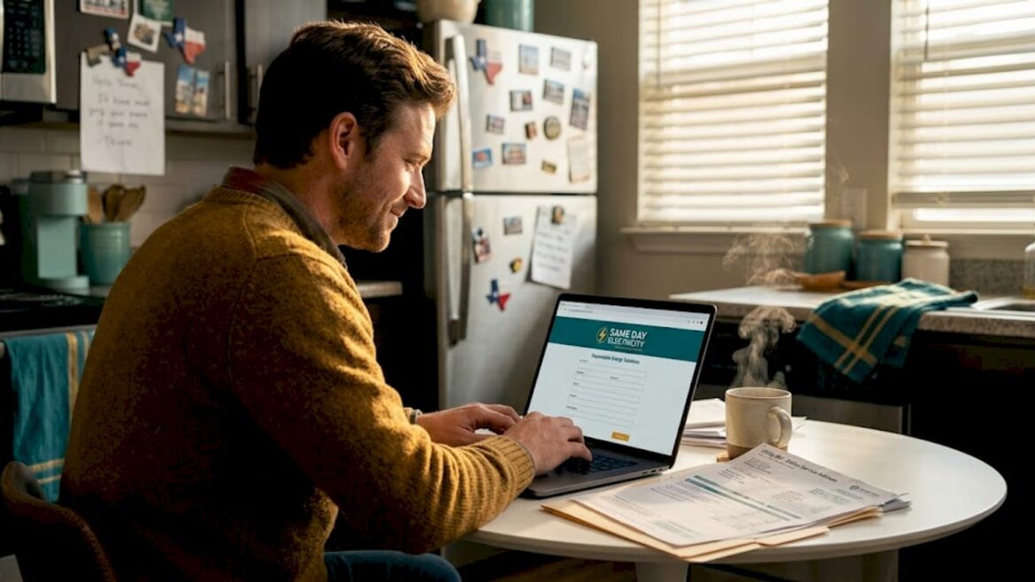 Man arranging home electricity at kitchen table