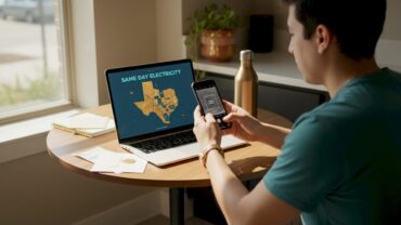 Man setting up electricity on laptop in apartment