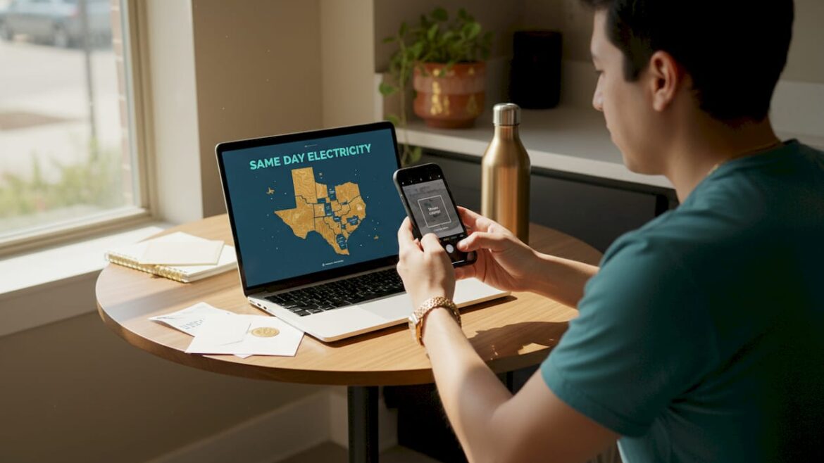 Man setting up electricity on laptop in apartment