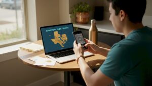 Man setting up electricity on laptop in apartment