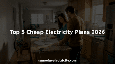 Family reviewing electricity bills in sunlit kitchen